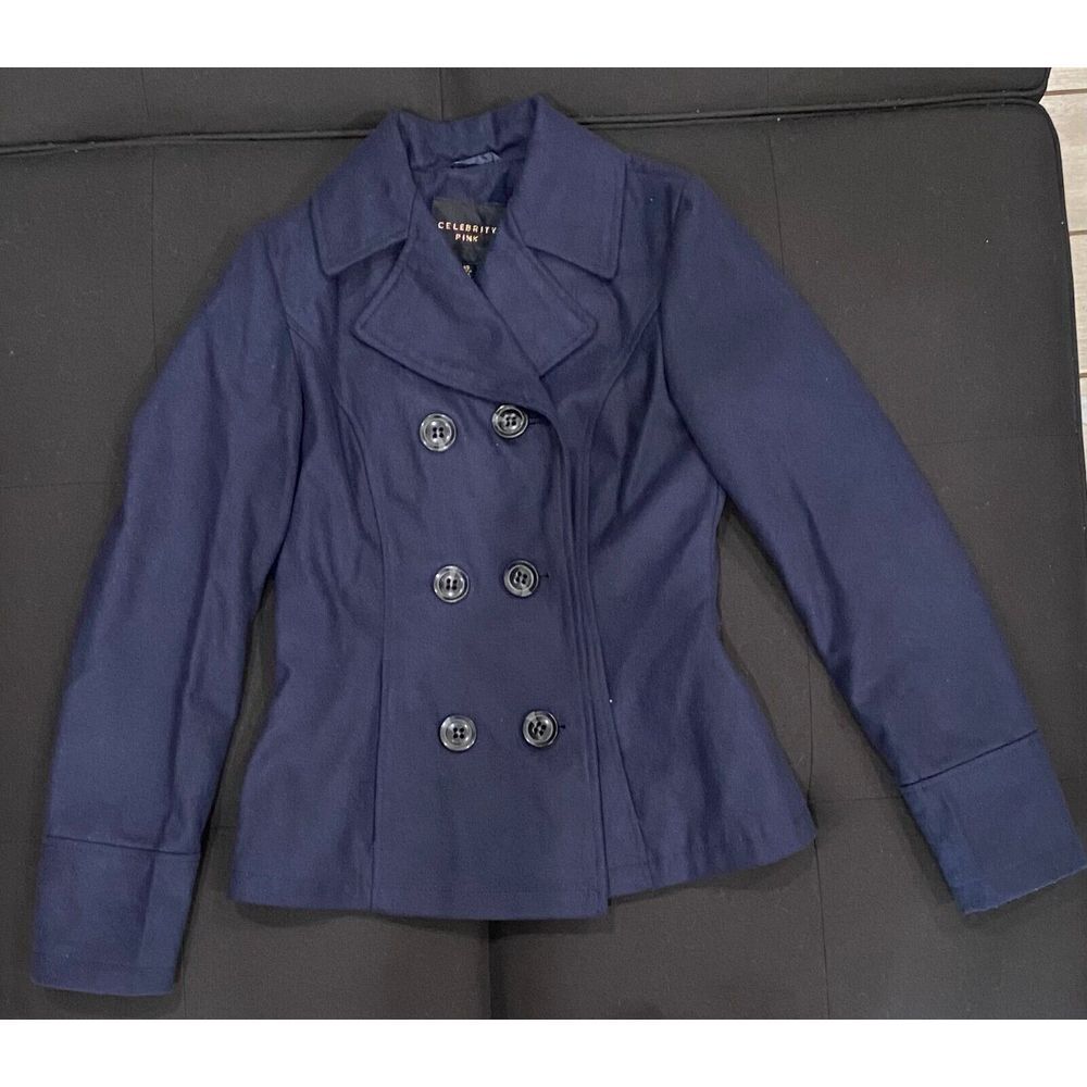 Celebrity Pink Faux Wool Dark Blue Pea Coat‎ NWOT!